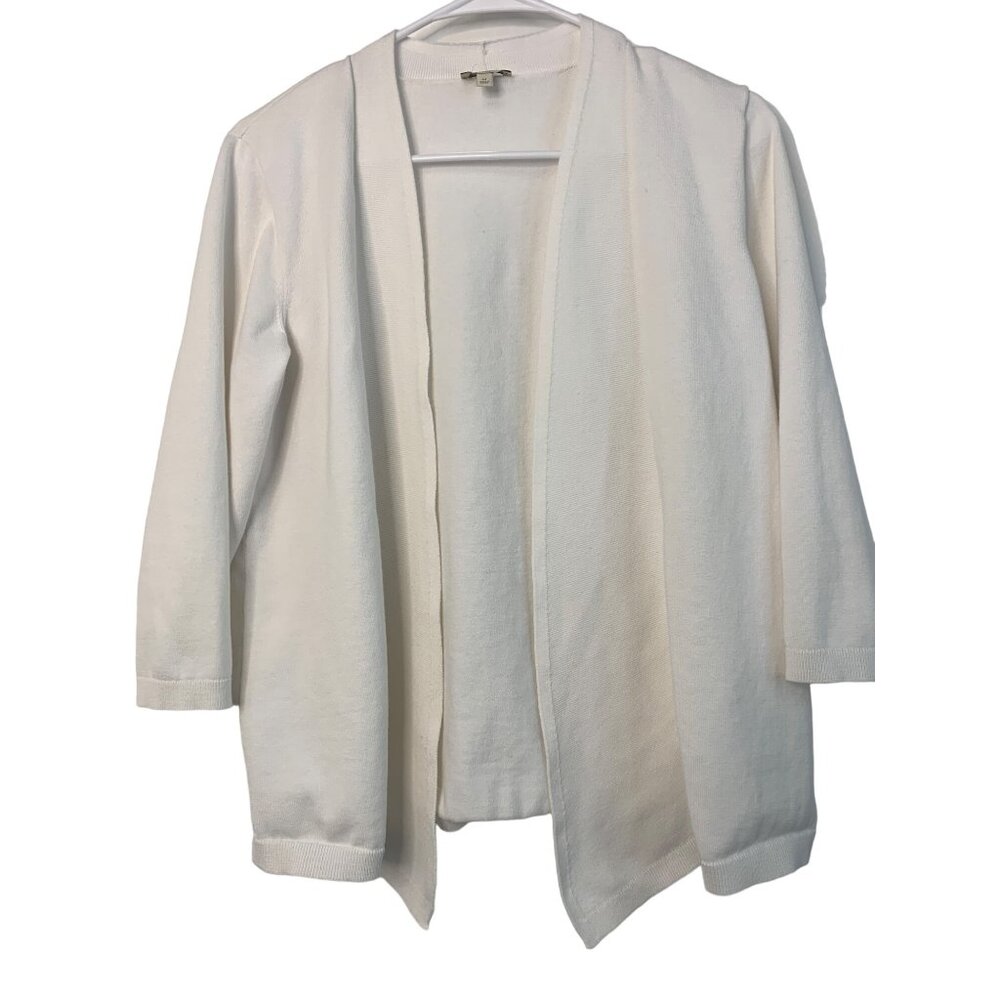 Talbots White Cotton Open-Front Cardigan Sweater  Size M GUC 7421 3/4 sleeve